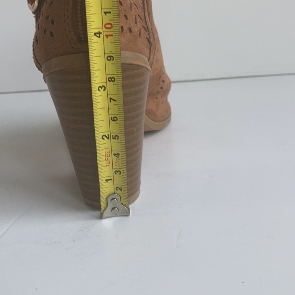 Love to Love You tan booties 4” heel open toe side gold buckle back zip - Picture 11 of 16